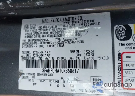 2012 Ford Fusion Se from USA, damaged, VIN 3FAHP0HA1CR358617